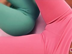 Busty Brunettes Teens Stretching Together Exposing Cameltoes