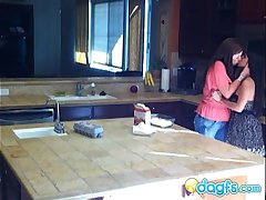 Horny milf eats teen pussy in the kitchen
