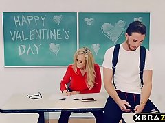 Mature teacher Brandi Love gets with a young student